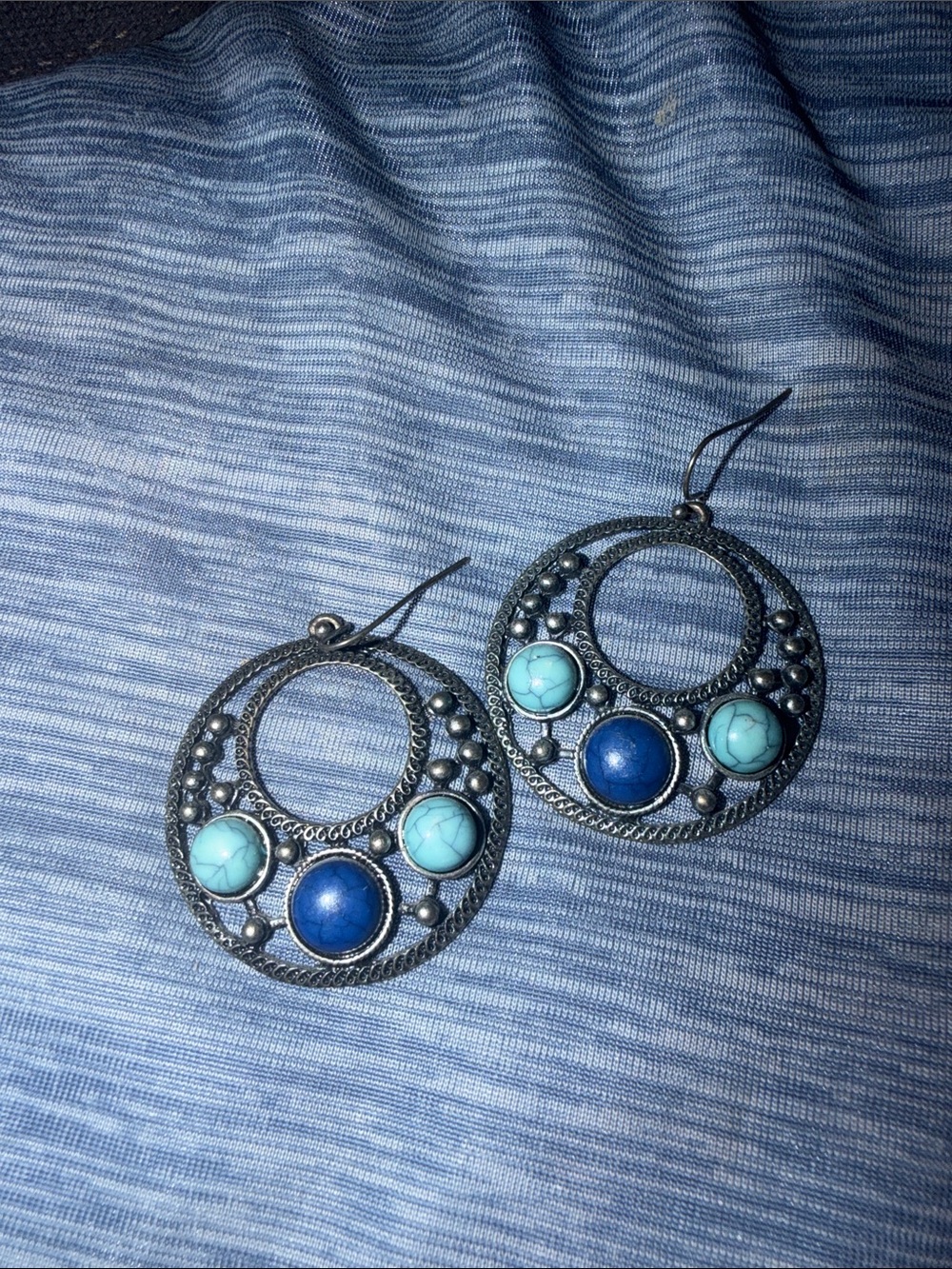 Silver-Tone Hoop Earrings with Navy and Light Blue Accent Beads